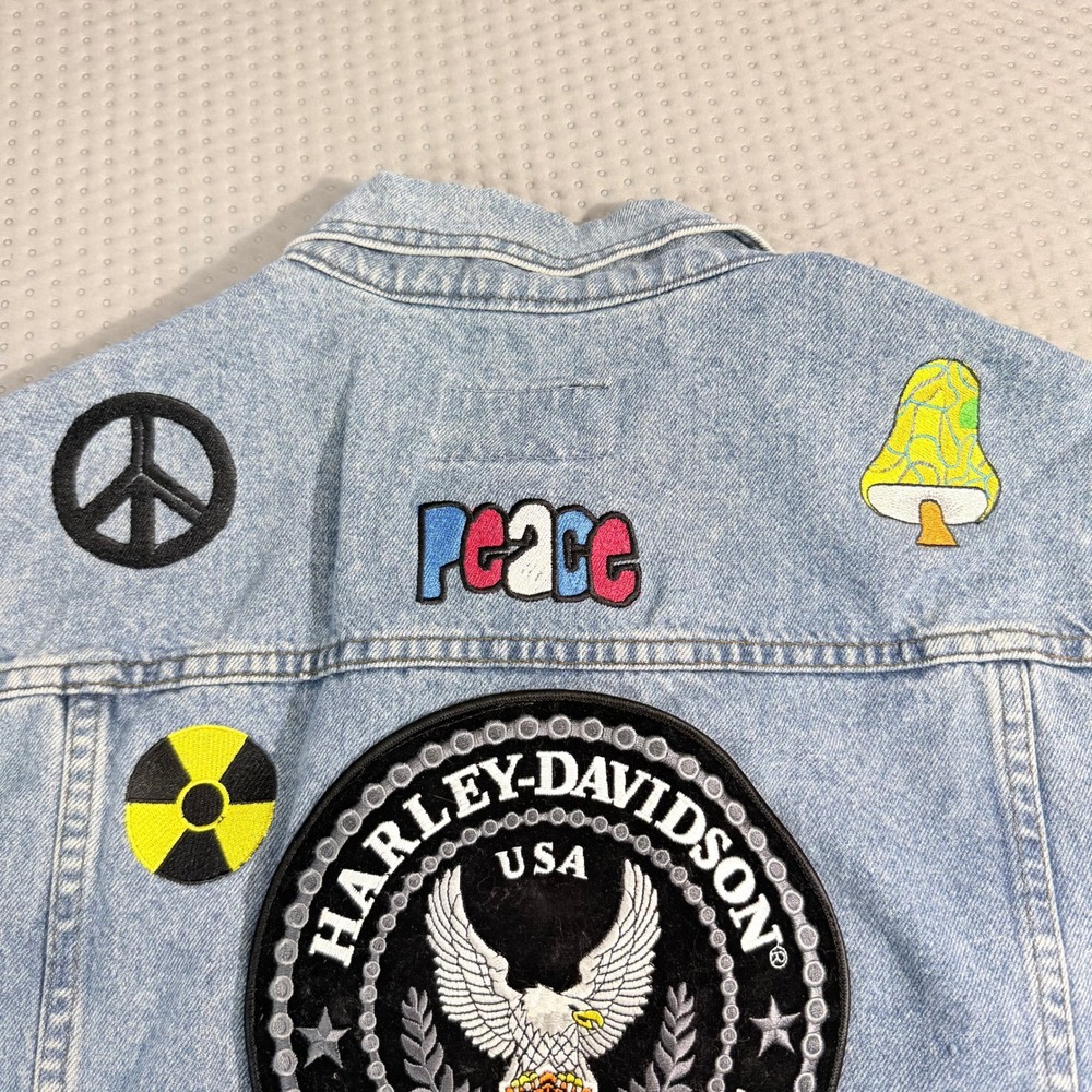 VINTAGE Hippy Harley-Davidson Denim Vest Embroidered Patches Peace Love Pride - Picture 4 of 16